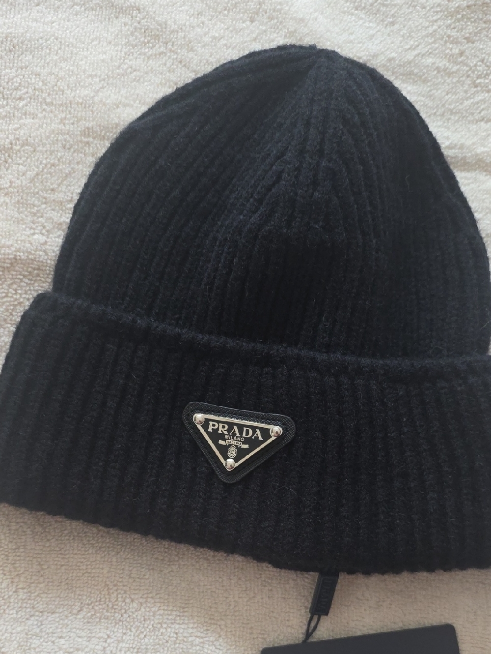 Prada Black Rib Knit Wool Beanie with Logo Plaque